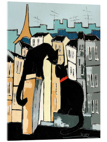 Tableau en verre acrylique Black cats on Parisian rooftops