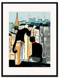 Gerahmter Kunstdruck Schwarze Katzen auf den Dächern von Paris