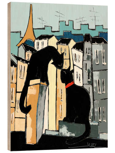 Wood print Black cats on Parisian rooftops