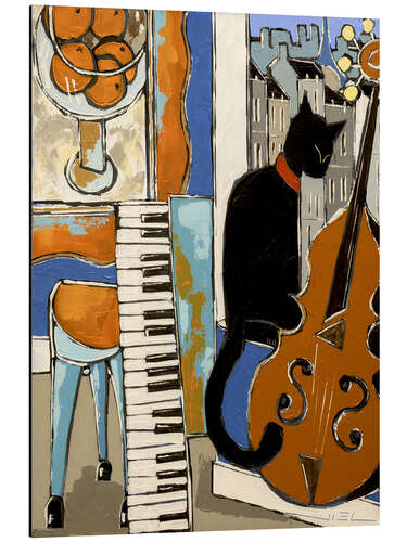 Alubild Schwarze Katze mit altem Klavier und Cello, in Paris