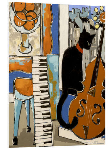 Tableau en PVC Black cat with old piano and cello, in Paris