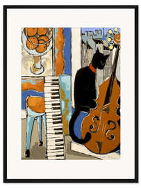 Gerahmter Kunstdruck Schwarze Katze mit altem Klavier und Cello, in Paris