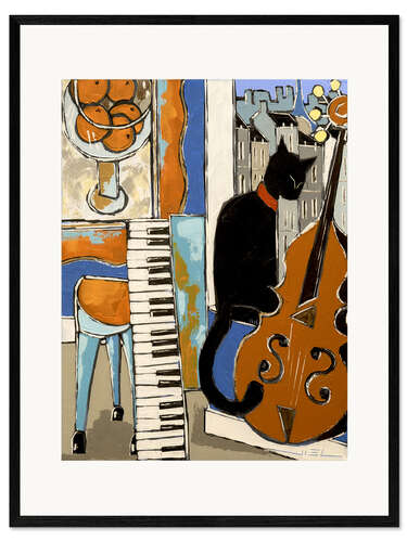 Impression artistique encadrée Black cat with old piano and cello, in Paris