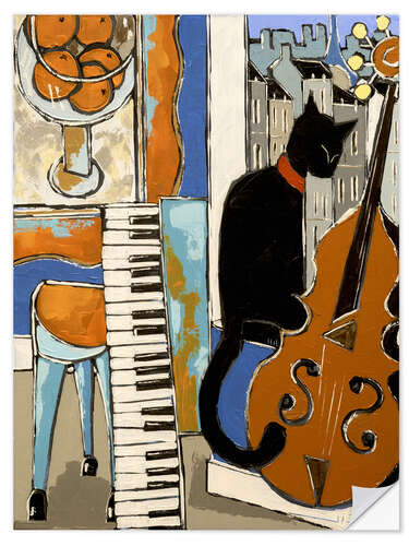 Sticker mural Black cat with old piano and cello, in Paris