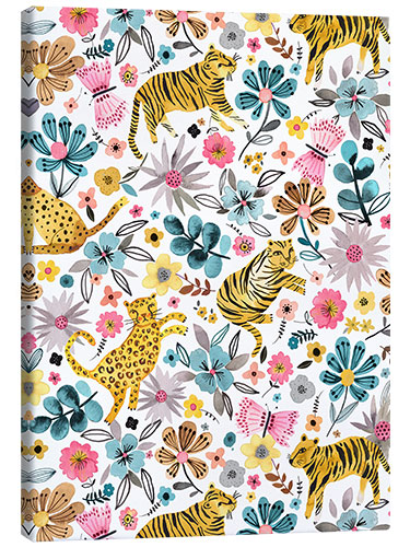 Canvas print Spring Tigers Flowers Pink Blue