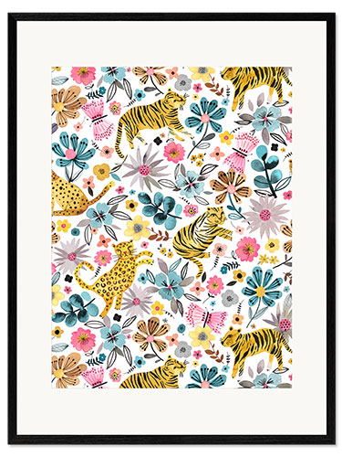 Framed art print Spring Tigers Flowers Pink Blue