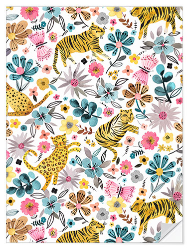 Wall sticker Spring Tigers Flowers Pink Blue