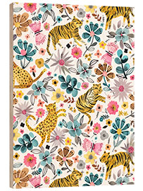 Wood print Spring Tigers Flowers Pink Blue