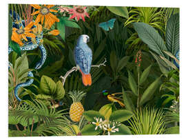 Foam board print Tropical midnight jungle, Parrot and snake