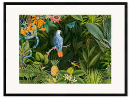Impression artistique encadrée Tropical midnight jungle, Parrot and snake