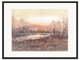 Gerahmter Kunstdruck Landschaft mit Sonnenuntergang