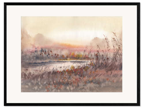 Gerahmter Kunstdruck Landschaft mit Sonnenuntergang