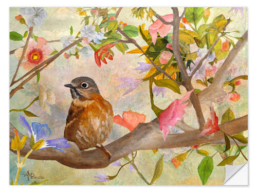 Selvklebende plakat Bluebird on a blossoming branch