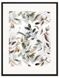 Gerahmter Kunstdruck Botanische Blätter, neutrales Grau