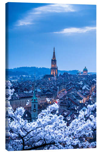 Leinwandbild Berner Altstadt während der Kirschblüte in blauer Stunde