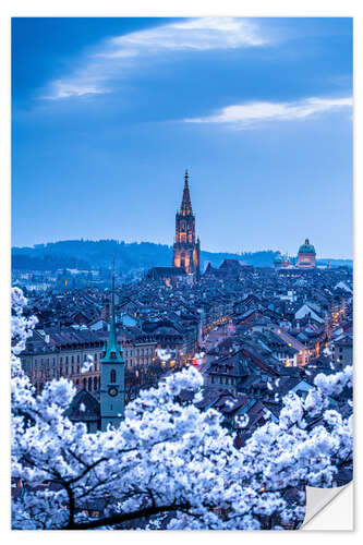 Naklejka na ścianę The old town of Bern during the cherry blossom season in the blue hour