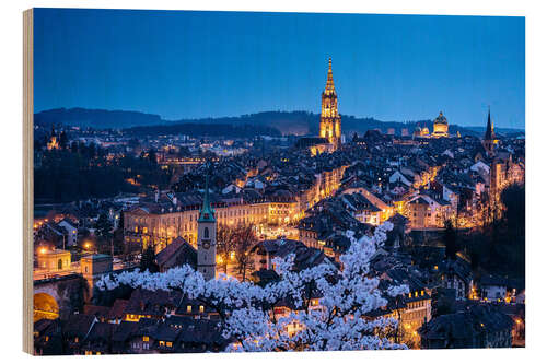 Wood print Old town of Bern during cherry blossom at dusk