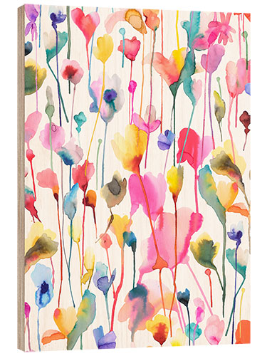 Wood print Happy summer flowers watercolor