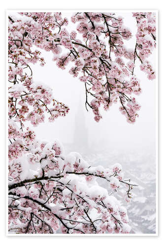 Poster Berner Münster im Nebel mit Kirschblüten im Schnee I