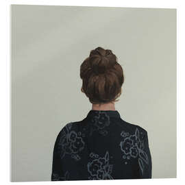 Tableau en verre acrylique Back view of a woman with a bun and a patterned blouse