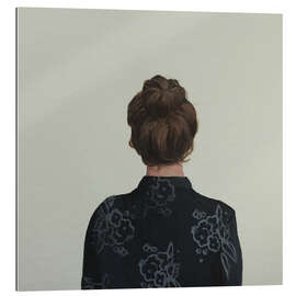 Gallery print Back view of a woman with a bun and a patterned blouse