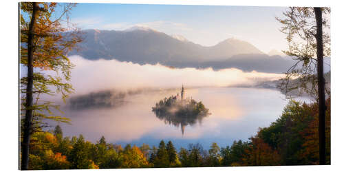 Tableau en plexi-alu Foggy autumn morning over Lake Bled in Slovenia