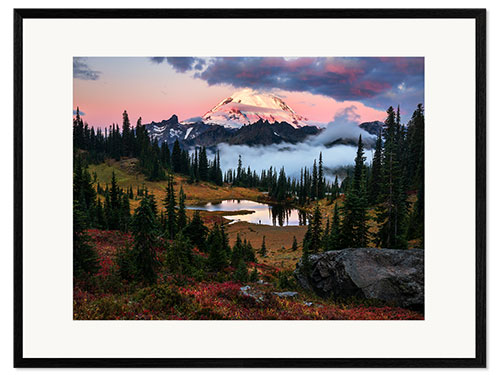 Gerahmter Kunstdruck Sonnenaufgang am Tipsoo Lake in Washington