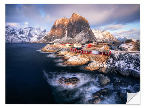 Selvklebende plakat Golden evening light in Hamnoy in Lofoten