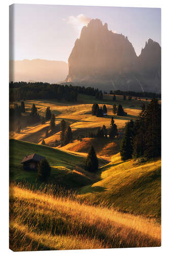 Leinwandbild Goldener Sommermorgen auf der Seiseralm in Südtirol