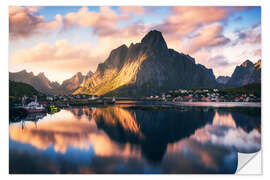 Selvklebende plakat Summer evening in Reine in Lofoten