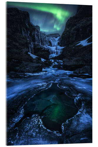 Acrylic print Aurora night over a frozen waterfall in Iceland