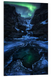 Gallery print Aurora night over a frozen waterfall in Iceland