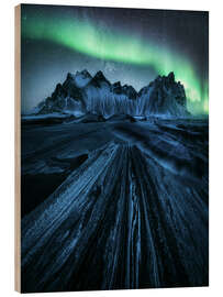 Wood print Aurora Borealis over Stokksnes in Iceland