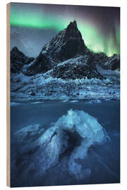 Wood print Northern lights over the Lofoten mountains