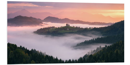 Foam board print Misty sunrise at St. Tomaz in Slovenia