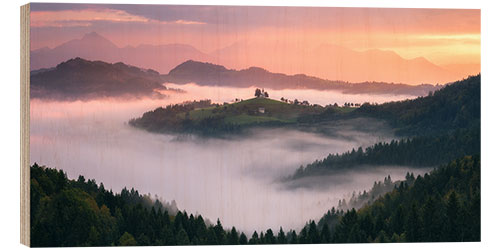 Quadro de madeira Misty sunrise at St. Tomaz in Slovenia