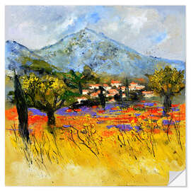 Selvklebende plakat Lavender and poppies in Provence