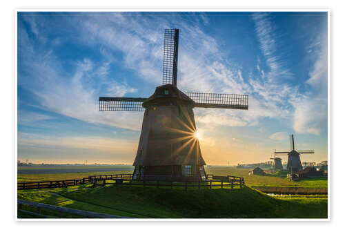 Poster Sunrays and a Dutch windmill