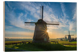 Quadro de madeira Sunrays and a Dutch windmill