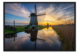 Gerahmter Kunstdruck Holländische Windmühlen während des Sonnenuntergangs
