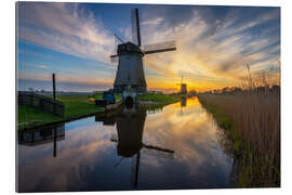 Tableau en plexi-alu Dutch windmills during sunset