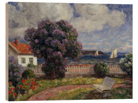 Trätavla Coastal landscape with lilac bush