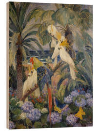 Trätavla Tropical landscape with parrots - Thorolf Holmboe