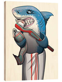 Tableau en bois Great White Shark Brushing Teeth