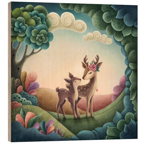 Tableau en bois Mother and baby deer