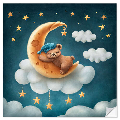 Selvklebende plakat Little bear sleeping on the moon