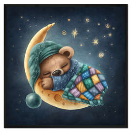 Gerahmter Kunstdruck Süßer Bär, der auf dem Mond schläft