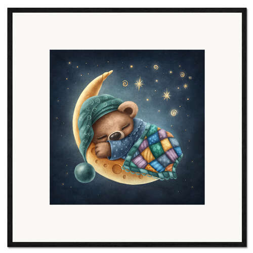 Kunsttryk i ramme Cute bear sleeping on the moon