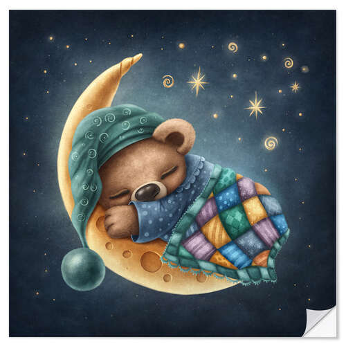 Selvklebende plakat Cute bear sleeping on the moon