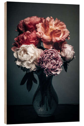 Wood print Peony bouquet